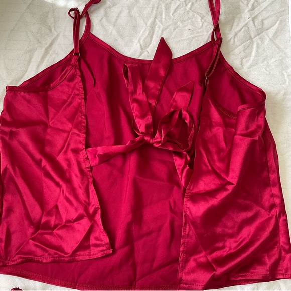 Women Satin Two-Piece Pajama Set Cami Top & Rufle Hem Shorts PJ Set Red Large - Picture 5 of 8